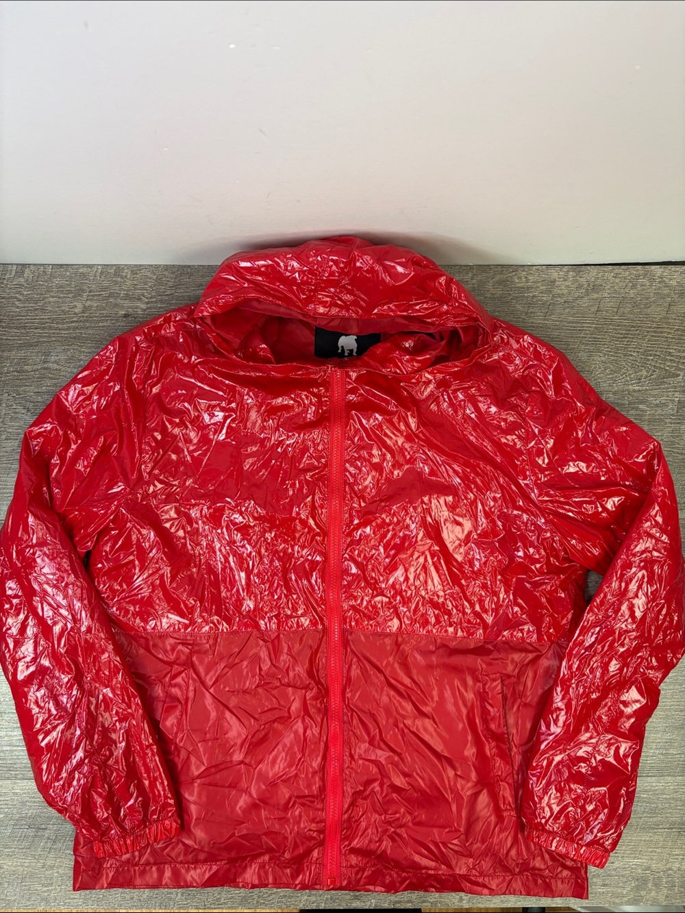 American Stitch Men’s Red Glossy Hooded Windbreaker Jacket Size M